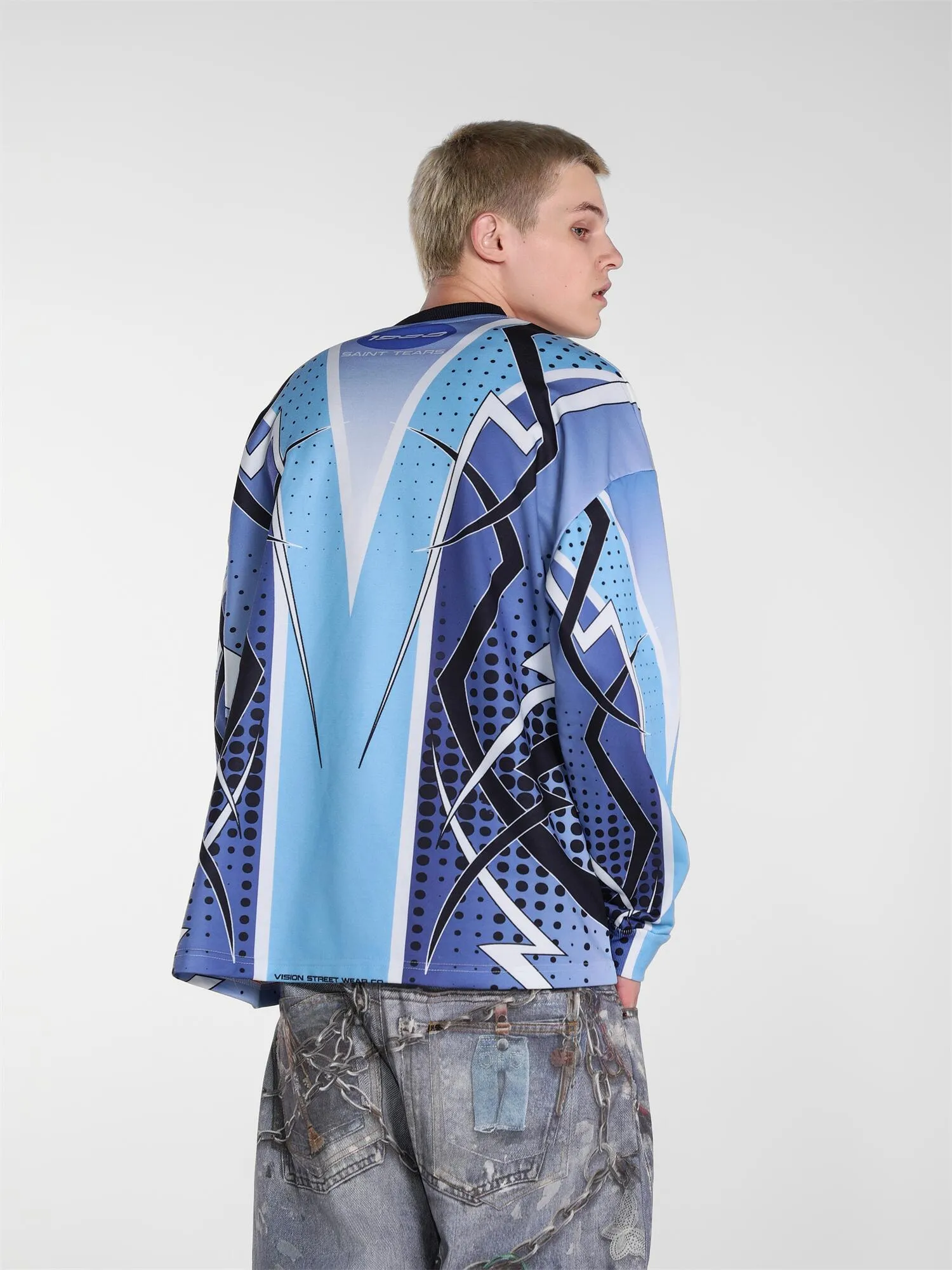 Saint michael tears all-over printed long-sleeved vintage autumn and winter T-shirt Style number: 120 Size: M L XL Wholesale price: 136 Color: blue pink